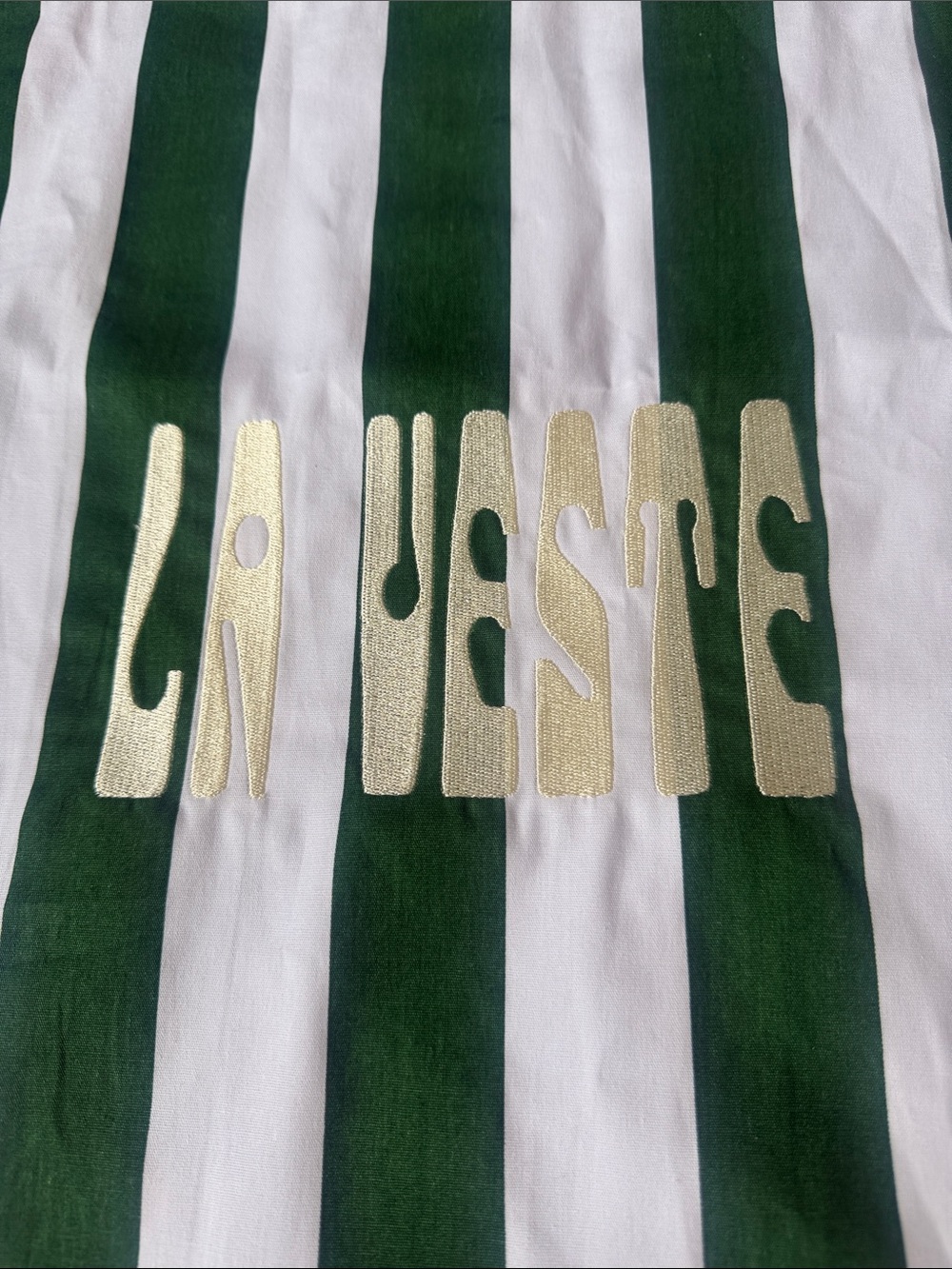 La Veste Green and White Striped Tote Bag with Gold Stitching - Picture 2 of 4